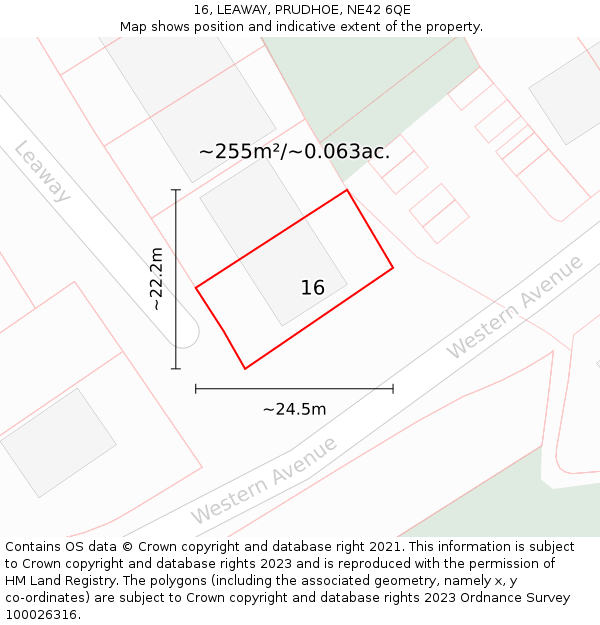 16, LEAWAY, PRUDHOE, NE42 6QE: Plot and title map