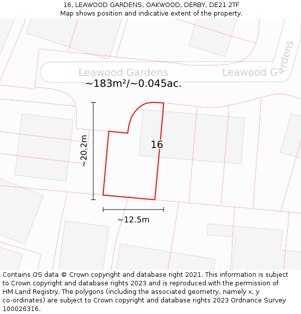 16, LEAWOOD GARDENS, OAKWOOD, DERBY, DE21 2TF: Plot and title map