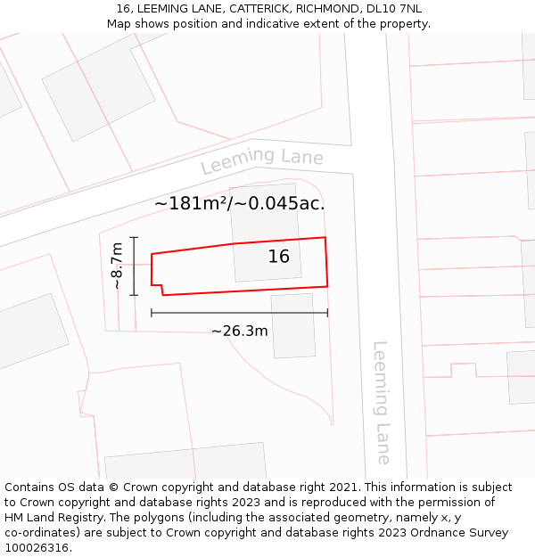 16, LEEMING LANE, CATTERICK, RICHMOND, DL10 7NL: Plot and title map