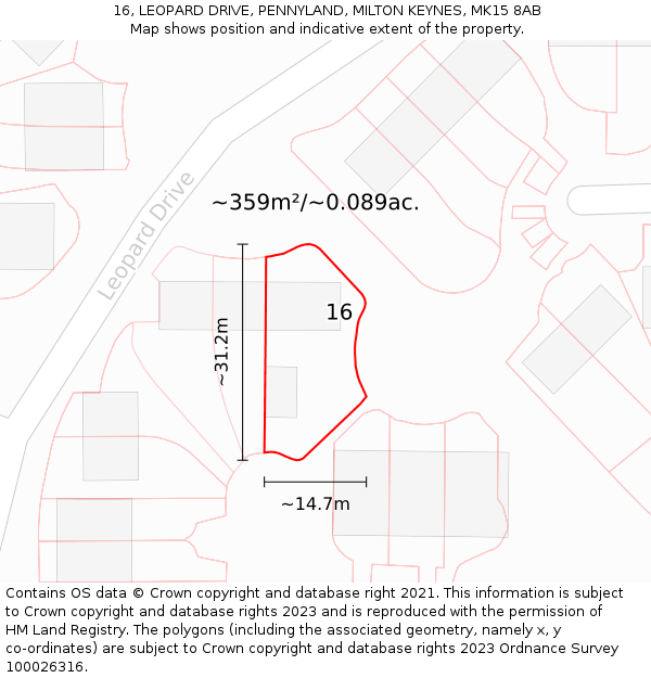 16, LEOPARD DRIVE, PENNYLAND, MILTON KEYNES, MK15 8AB: Plot and title map