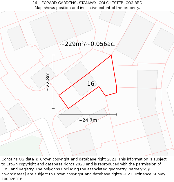 16, LEOPARD GARDENS, STANWAY, COLCHESTER, CO3 8BD: Plot and title map