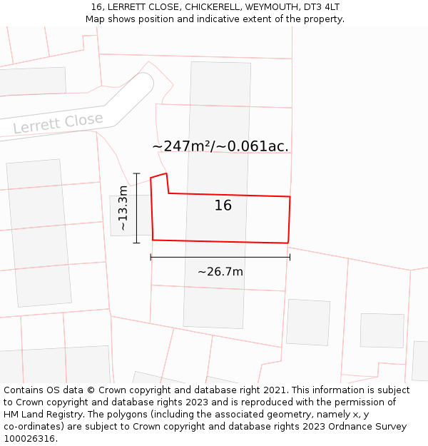 16, LERRETT CLOSE, CHICKERELL, WEYMOUTH, DT3 4LT: Plot and title map