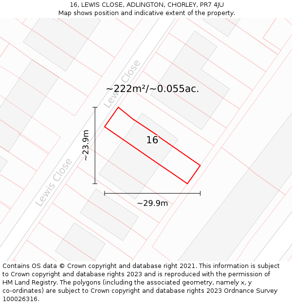 16, LEWIS CLOSE, ADLINGTON, CHORLEY, PR7 4JU: Plot and title map