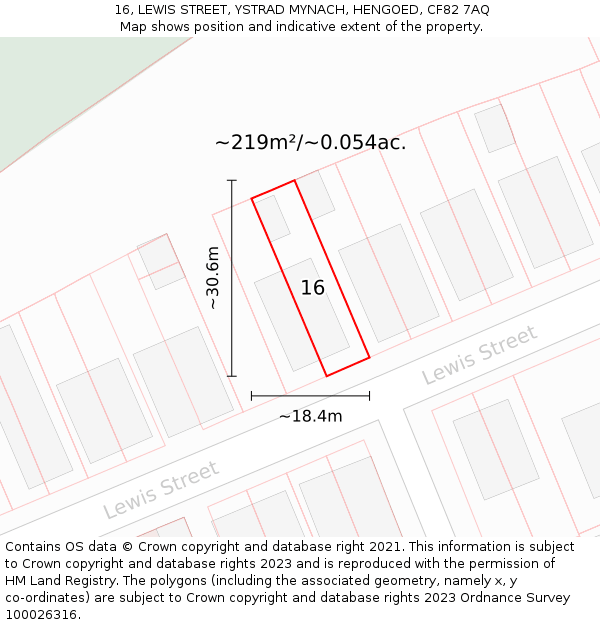 16, LEWIS STREET, YSTRAD MYNACH, HENGOED, CF82 7AQ: Plot and title map