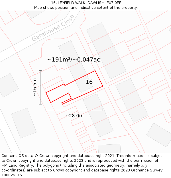 16, LEYFIELD WALK, DAWLISH, EX7 0EF: Plot and title map