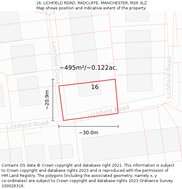 16, LICHFIELD ROAD, RADCLIFFE, MANCHESTER, M26 3LZ: Plot and title map