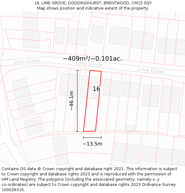 16, LIME GROVE, DODDINGHURST, BRENTWOOD, CM15 0QY: Plot and title map