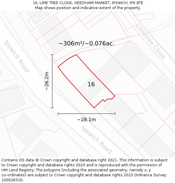16, LIME TREE CLOSE, NEEDHAM MARKET, IPSWICH, IP6 8TE: Plot and title map