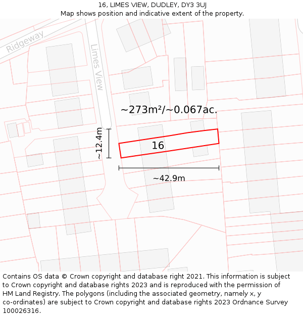 16, LIMES VIEW, DUDLEY, DY3 3UJ: Plot and title map