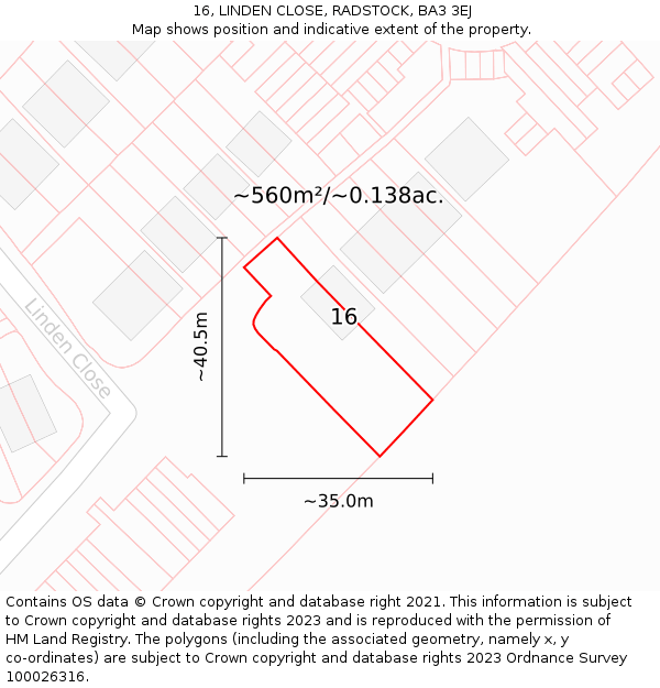 16, LINDEN CLOSE, RADSTOCK, BA3 3EJ: Plot and title map
