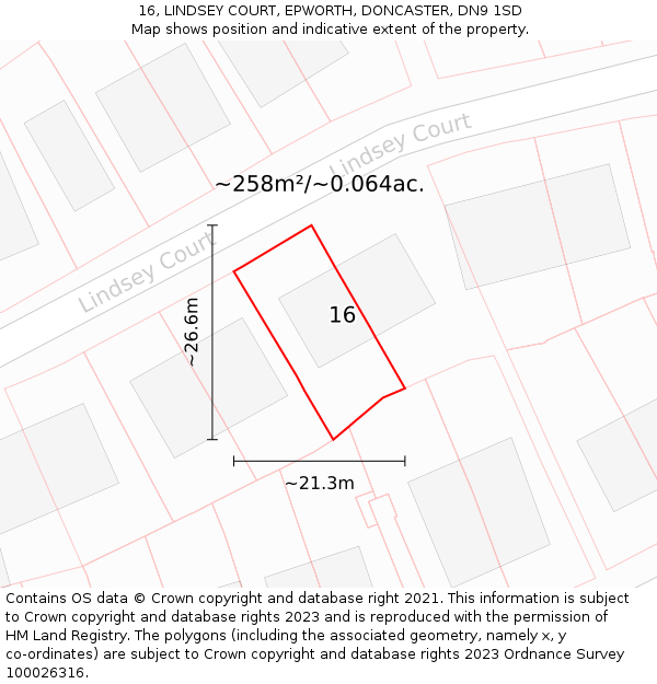 16, LINDSEY COURT, EPWORTH, DONCASTER, DN9 1SD: Plot and title map