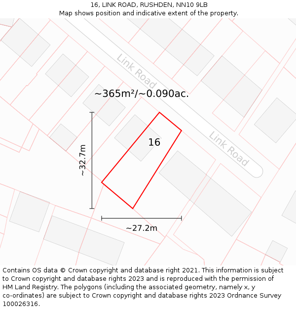 16, LINK ROAD, RUSHDEN, NN10 9LB: Plot and title map
