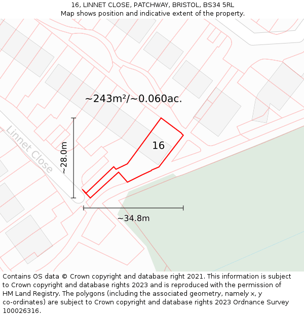 16, LINNET CLOSE, PATCHWAY, BRISTOL, BS34 5RL: Plot and title map