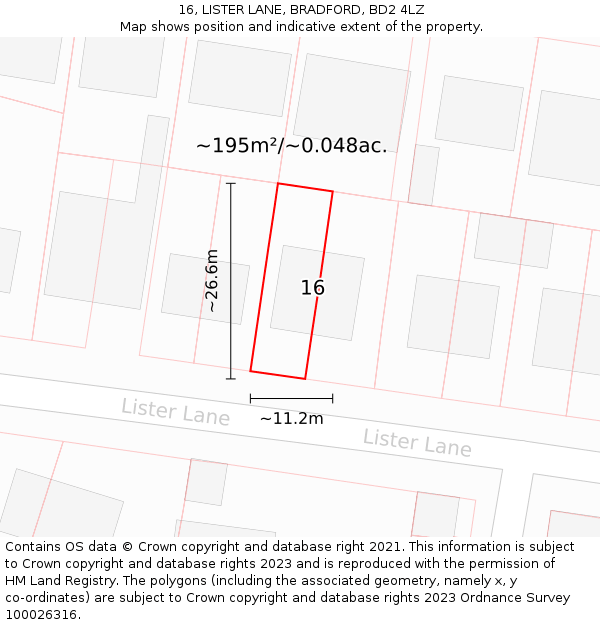 16, LISTER LANE, BRADFORD, BD2 4LZ: Plot and title map