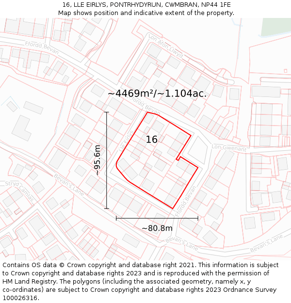 16, LLE EIRLYS, PONTRHYDYRUN, CWMBRAN, NP44 1FE: Plot and title map