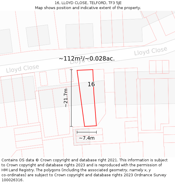 16, LLOYD CLOSE, TELFORD, TF3 5JE: Plot and title map