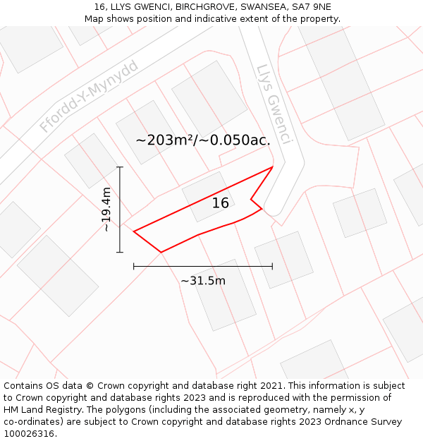 16, LLYS GWENCI, BIRCHGROVE, SWANSEA, SA7 9NE: Plot and title map