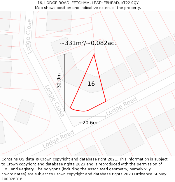 16, LODGE ROAD, FETCHAM, LEATHERHEAD, KT22 9QY: Plot and title map