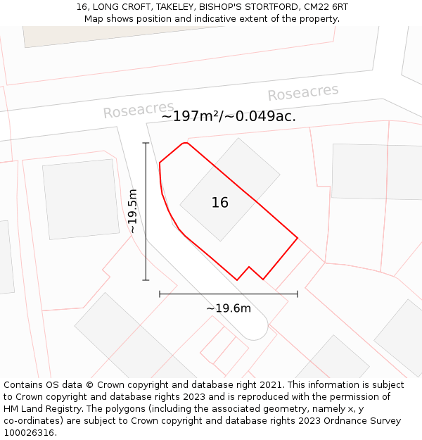 16, LONG CROFT, TAKELEY, BISHOP'S STORTFORD, CM22 6RT: Plot and title map