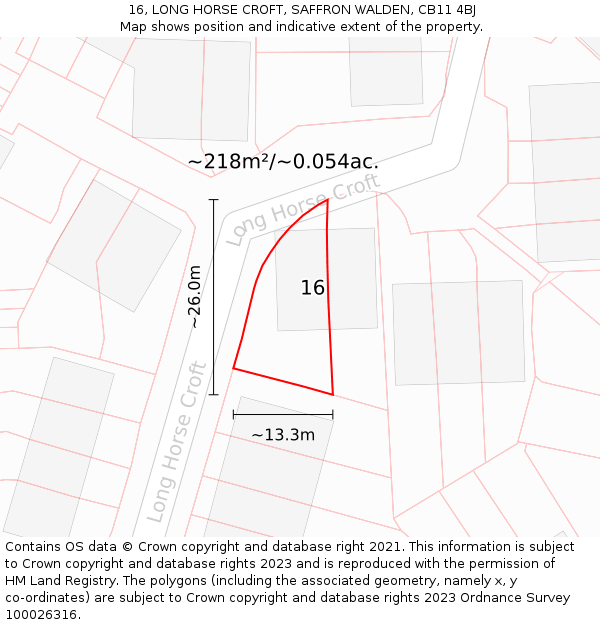 16, LONG HORSE CROFT, SAFFRON WALDEN, CB11 4BJ: Plot and title map