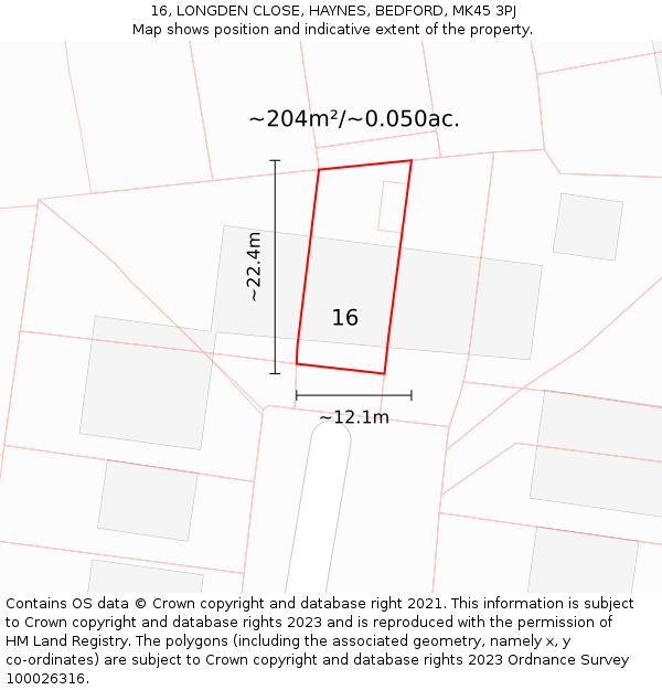 16, LONGDEN CLOSE, HAYNES, BEDFORD, MK45 3PJ: Plot and title map