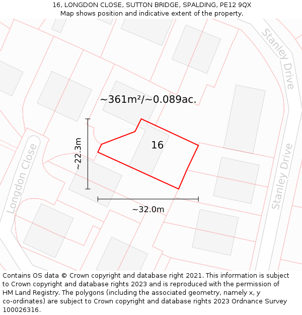 16, LONGDON CLOSE, SUTTON BRIDGE, SPALDING, PE12 9QX: Plot and title map