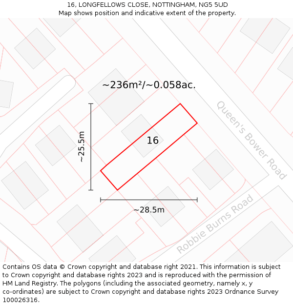 16, LONGFELLOWS CLOSE, NOTTINGHAM, NG5 5UD: Plot and title map