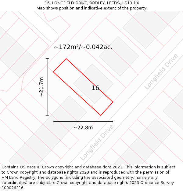 16, LONGFIELD DRIVE, RODLEY, LEEDS, LS13 1JX: Plot and title map