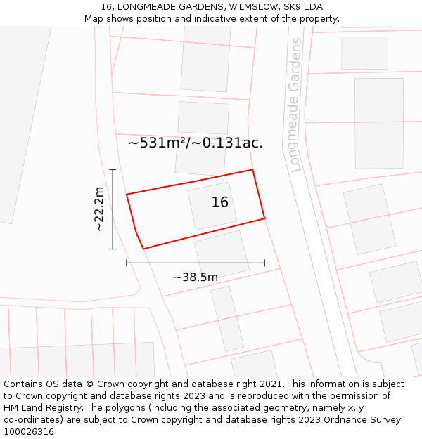 16, LONGMEADE GARDENS, WILMSLOW, SK9 1DA: Plot and title map