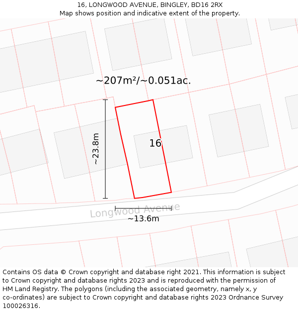 16, LONGWOOD AVENUE, BINGLEY, BD16 2RX: Plot and title map