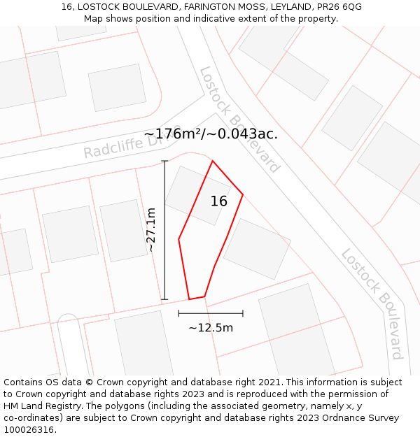 16, LOSTOCK BOULEVARD, FARINGTON MOSS, LEYLAND, PR26 6QG: Plot and title map