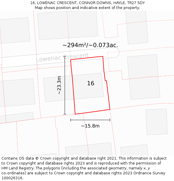 16, LOWENAC CRESCENT, CONNOR DOWNS, HAYLE, TR27 5DY: Plot and title map