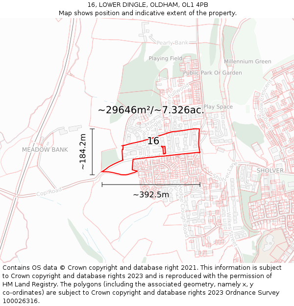 16, LOWER DINGLE, OLDHAM, OL1 4PB: Plot and title map