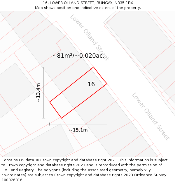 16, LOWER OLLAND STREET, BUNGAY, NR35 1BX: Plot and title map