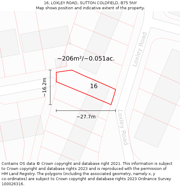 16, LOXLEY ROAD, SUTTON COLDFIELD, B75 5NY: Plot and title map
