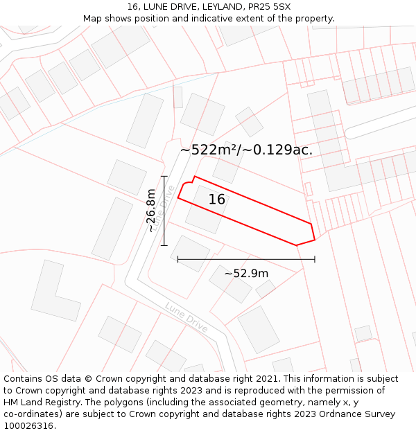 16, LUNE DRIVE, LEYLAND, PR25 5SX: Plot and title map