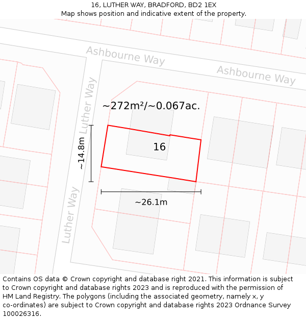 16, LUTHER WAY, BRADFORD, BD2 1EX: Plot and title map
