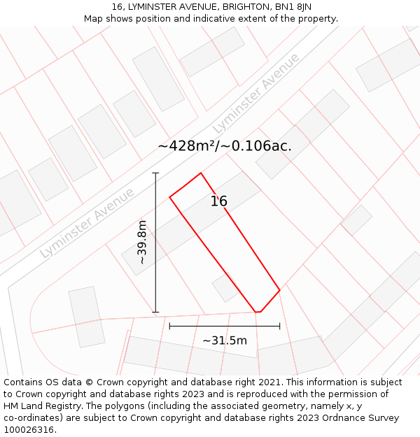 16, LYMINSTER AVENUE, BRIGHTON, BN1 8JN: Plot and title map