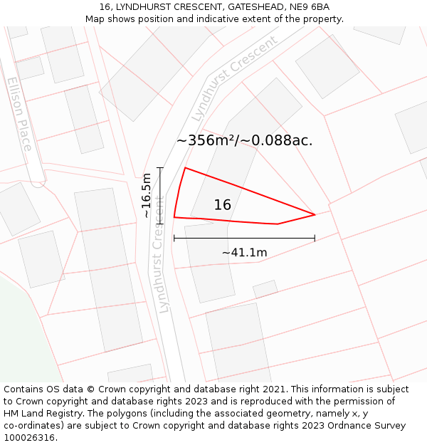 16, LYNDHURST CRESCENT, GATESHEAD, NE9 6BA: Plot and title map