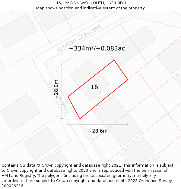 16, LYNDON WAY, LOUTH, LN11 0BH: Plot and title map