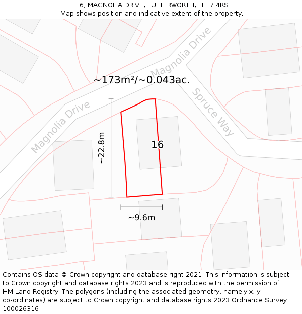 16, MAGNOLIA DRIVE, LUTTERWORTH, LE17 4RS: Plot and title map