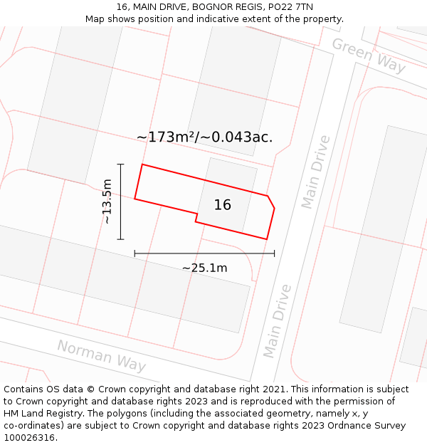 16, MAIN DRIVE, BOGNOR REGIS, PO22 7TN: Plot and title map