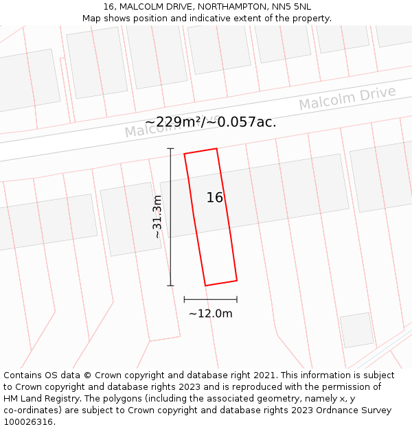 16, MALCOLM DRIVE, NORTHAMPTON, NN5 5NL: Plot and title map