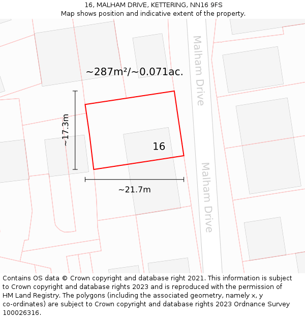 16, MALHAM DRIVE, KETTERING, NN16 9FS: Plot and title map