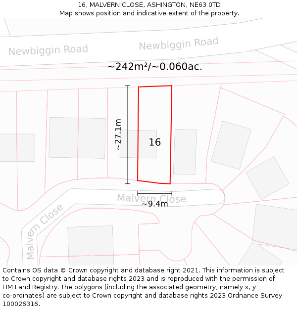 16, MALVERN CLOSE, ASHINGTON, NE63 0TD: Plot and title map
