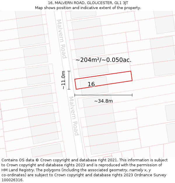 16, MALVERN ROAD, GLOUCESTER, GL1 3JT: Plot and title map
