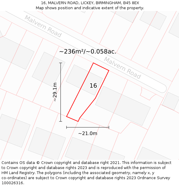 16, MALVERN ROAD, LICKEY, BIRMINGHAM, B45 8EX: Plot and title map