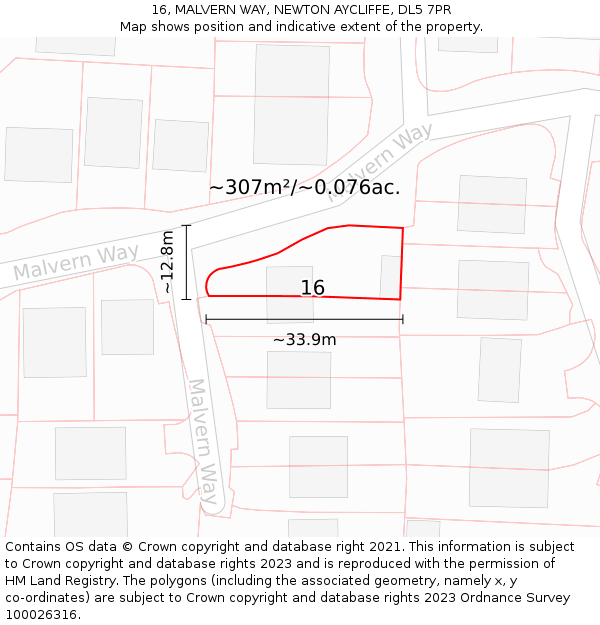 16, MALVERN WAY, NEWTON AYCLIFFE, DL5 7PR: Plot and title map