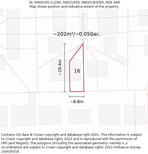16, MANDON CLOSE, RADCLIFFE, MANCHESTER, M26 4WR: Plot and title map