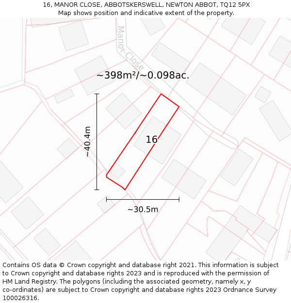 16, MANOR CLOSE, ABBOTSKERSWELL, NEWTON ABBOT, TQ12 5PX: Plot and title map